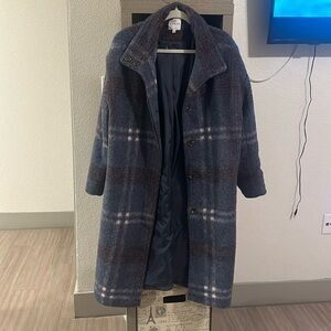 Cyrus long peacoat plaid blue and burgundy. Hefty coat. Satin lining.